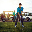 © peopleimages.com - Golf, man and playing on course with friends for morning fitness, match training and sport hobby. Sunrise, golfer club and player with swing stance on field for stroke practice and outdoor activity