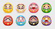 © Vector Tradition - Japanese daruma dolls with Bodhidharma monk face, vector Buddhist temple good luck charms. Cartoon red, black, green and pink, white, golden, blue and purple daruma dolls. Traditional toys for wishing