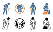 ©  MVectors - Pain icons set showing body discomfort. Pictograms include stomach, back, and hip pain signs in two different styles.