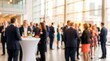 © CuteBee - A large group of diverse business professionals and attendees are networking and socializing at a vibrant corporate event in a spacious, modern hall.
