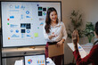 © Tj - Young Asian businesswoman smiling while presenting financial charts and data on a whiteboard, a colleague raising hand asking a question during a corporate meeting in an office setting