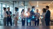 © CuteBee - Diverse business professionals stand in a modern office environment, with an augmented reality overlay displaying a global social network and connection icons representing collaborative teamwork.
