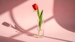 © Basmah - Minimalist Valentine composition single red tulip in clear glass vase against blush pink wall, soft shadows, clean aesthetic