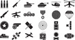© jonwid - Conjunto de iconos vectoriales de temática militar: tanques, misiles, objetivos, defensa, estrategia, guerra en silueta negra.