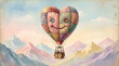 © khae - A charming patchwork heart-shaped hot air balloon floats joyfully above a serene pastel mountain range under a watercolor sky