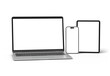 © sdecoret - Devices screens isolated on transparent background. Smartphone, tablet and laptop mockup. 3d rendering