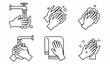 © Spesial - Washing hands icon set. Featuring water tap, soap bubbles, hand rubbing, drying with towel, and clean sanitized hands symbols