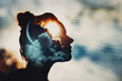 © primipil - Sun and crescent moon with clouds in female head. Woman mindset psychology mental health. Brain mental health. Circadian rhythm and human biorhythms concept. Day and night sleep and staying awake.