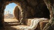 © DesignerThc - The tomb is empty Easter wall art. Resurrection of Christ painting. Empty tomb illustration. Christian faith poster with cross and light.