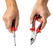 © Emilia - mid-tone female hands holding a philips screwdriver, needle-nose pliers, and wire cutters with vibrant red handles in a razor-sharp macro studio shot on a transparent background, concept of