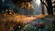© Yuliia - Sunlit autumn garden path with golden ornamental grasses and colorful wildflowers creating dreamy morning atmosphere with soft light rays filtering through trees.