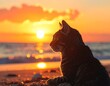 © generate AI - Serene Cat Gazing at the Horizon During a Beautiful Golden Hour Sunset on the Beach