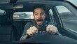© olga_demina - Man gripping the steering wheel, screaming with fear and panic while driving a car during heavy rain, experiencing an overwhelming sense of danger on the road