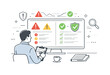 © Настя Шевчук - Risk Dashboard Monitoring. Risk management and compliance. A manager monitoring warning symbols and approval marks on a dashboard. Prevention, awareness, and