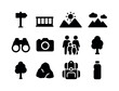 © Настя Шевчук - Family Scenic Icons. Family scenic overlook. Solid icon set of family scenic overlook: viewpoint sign, railing, mountain silhouette, sun icon,