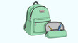 © VectorNest Studio - Green backpack and pencil case with school supplies on white background.