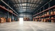 © xiaolei - transmigration. Industrial warehouse interior with clean concrete floor and high ceiling. real-estate listings.