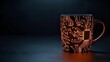 © Yuliia - Coffee mug with electronic circuit board pattern glowing in orange light on dark background for technology and programming themes.