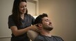 © D-point - Woman masseuse massaging man neck. Physical therapist working on patient therapy session. Health and wellness concept for natural alternative treatment.