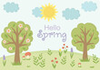 © Olga Dykun - Hello Spring banner with sun, clouds, blooming flowers, trees and mushrooms. Illustration with seasonal landscape