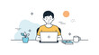 © Svitlana - Minimalist Work Focus. Mindful Focus. A person sitting at a desk with minimal objects, clean lines emphasizing concentration and clarity. Calm working mood