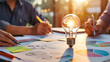 © Aurora frame - creative brainstorming session with light bulb idea and people planning high quality professional