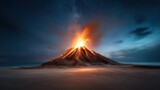 A dramatic nighttime scene of a volcano erupting, casting brilliant lava flows and ash against the starry sky, capturing the raw power and beauty of nature's forces in motion.