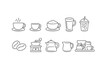 © Alex - Minimal line art set of coffee and tea items including cups, latte, iced drink, beans, grinder, teapot, milk pitcher, and espresso machine icons