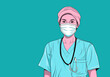 © ink drop - Portrait of a young female doctor or nurse wearing a face mask. cartoon sketch illustration