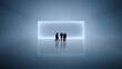 © Lustre Art Group  - Minimalist artwork with group standing before glowing rectangular frame. Concept of strategic alignment, corporate vision sessions, immersive presentations, escapism through digital spaces.