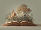 Creative fantasy illustration of open book with castle and nature, storytelling concept, imagination and dreamy watercolor art