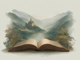 Open Book with magical landscape, castle and trees, imagination concept, storytelling and fantasy world in dreamy watercolor style
