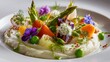 © fivan - Parsnip puree as a base for plated vegetables, elegant composition, editorial restaurant lighting