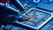 © TheShotSpot - Close-up of a technician's hands using probes to test a complex microchip, highlighting electronic components and circuitry for technological innovation