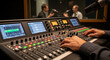 © SanSandi - Professional sound engineer operates a digital mixing console with hands on the faders during a podcast or radio broadcast recording session in a modern, dark control room.