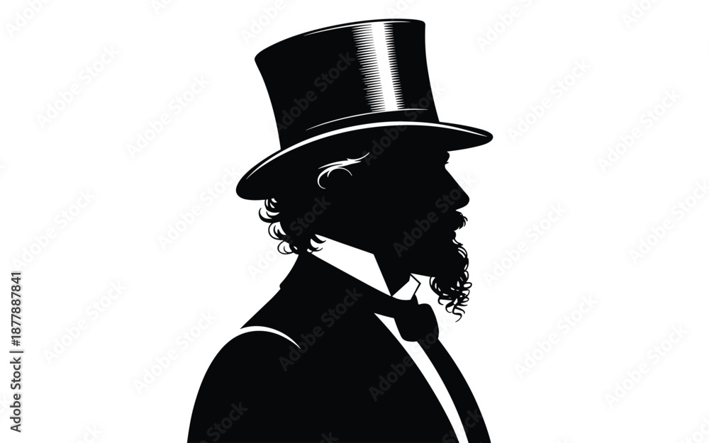 Silhouette of victorian gentleman wearing top hat and suit in profile ...