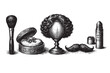 © BGDN Visuals - Antique cosmetics still life against a white background features a brush, powder box, wig stand, moustache, and vintage packaging with crosshatch engraving texture.