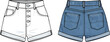© MstRokshana - High waist denim shorts front and back view CAD drawing flat vector illustration with buttons, pockets, fashion technical sketch for apparel design, manufacturing, and pattern development