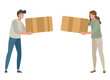 © vladwel - Man woman holding parcel package order box isolated vector modern simple graphic illustration, delivery person concept, courier shipment happy people, warehouse characters clip art set
