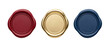 © Abode stock - A vibrant collection of three wax seals in red gold and blue hues ideal for design projects on transparent background