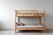 © SUNDAY - Wooden stacked sleeping unit rests against a plain light colored interior wall