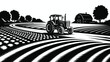 © Ankit - Monochrome tractor plowing field in rural landscape illustration agricultural vehicle working on farm land vector graphic design for farming industry harvest season countryside scenery organic food pr