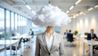 © astika - Businesswoman with head in clouds standing in office mental health