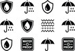 © Ankit - Waterproof vector icon set with umbrella shield and water wave symbols protection from rain and moisture for clothing fabric and outdoor gear product materials design for engineering technology and pr