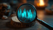 © Chaiwit - Magnifying glass focusing on glowing blue pine tree forest miniature on wooden surface with warm light background