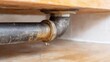 © Katena - Close-up view of a leaking black pipe joint under a sink cabinet with a drop of water visible, highlighting plumbing issues in a residential setting