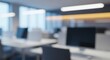 © Graphics River - Blurred image capturing a contemporary open-plan office, showcasing empty workstations and computer monitors, evoking an abstract corporate environment for diverse background visuals