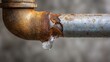© TensorSpark - Rusty metal pipe with visible crack leaking water droplet, indicating plumbing repair need and water damage risk.