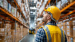 © Nataliya - Vast warehouse filled high shelves, stacked boxes focused worker safety gear, maneuvers forklift precision speed, logistics visualization, industrial operation concept, with copy space