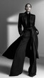 © Magdalena Wojaczek - Elegant woman posing confidently in dramatic wide leg black silk trousers and matching tailored blazer jacket showcases high fashion monochromatic style